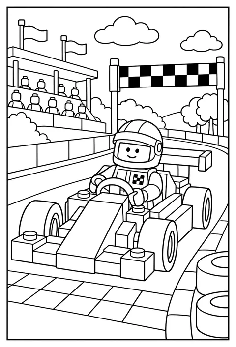 A LEGO race car driver minifigure in a brick race car on a checkered track coloring page