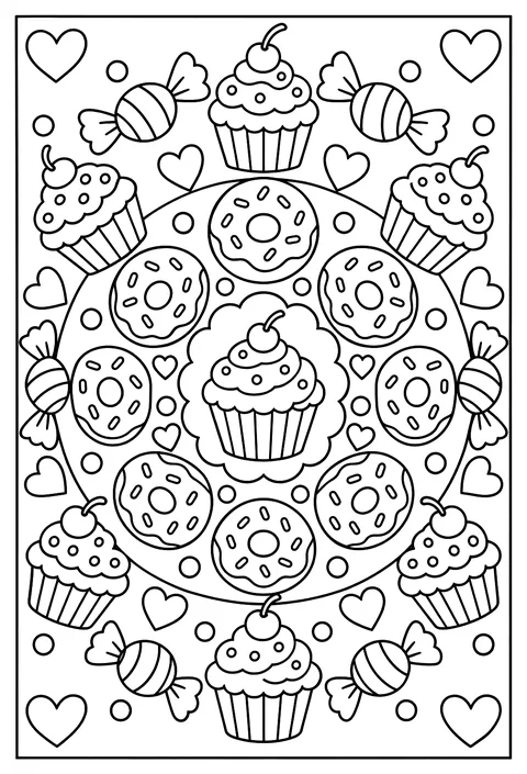 A dessert mandala: cupcakes, donuts and candy in rings coloring page