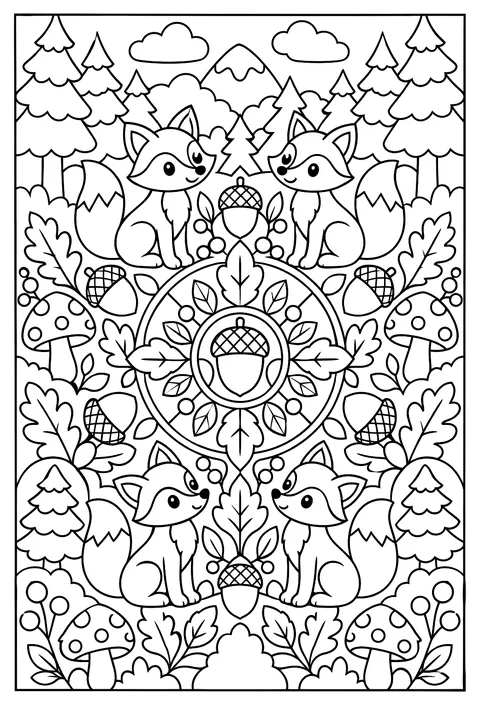 A forest mandala: pine trees, foxes, mushrooms and acorns coloring page