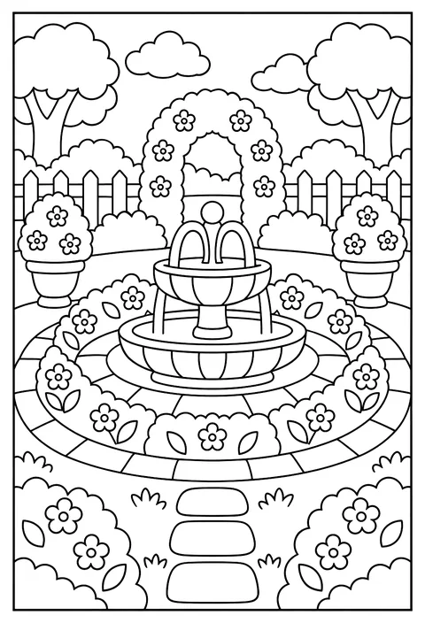 A garden mandala with a fountain center and flower rings coloring page