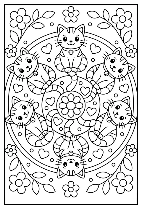 A mandala made of cats in a circle, tails touching coloring page