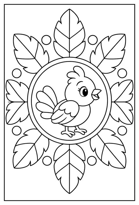 A mandala made of feathers around a bird coloring page