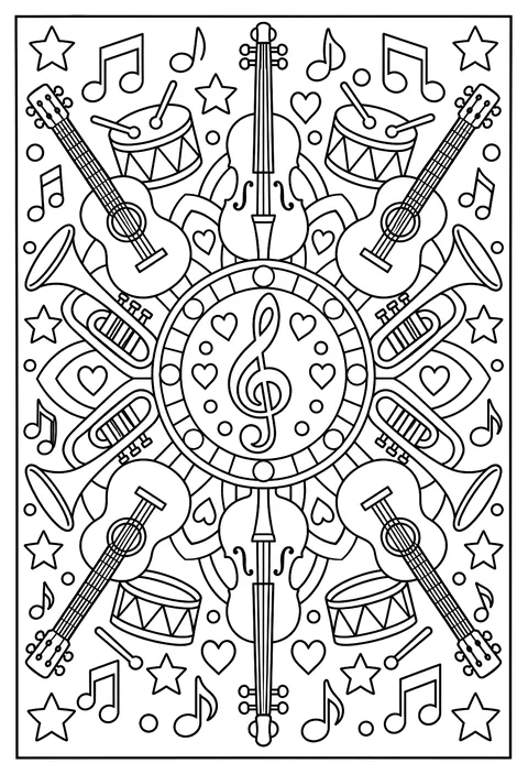 A mandala made of musical instruments and notes coloring page