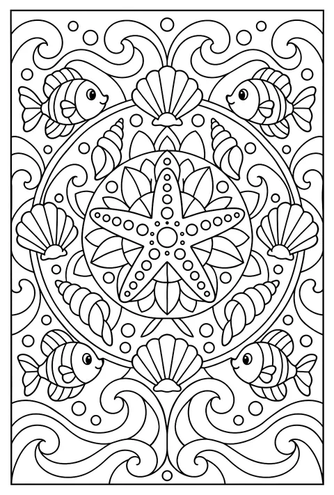 An ocean mandala: waves, shells, fish and a starfish center coloring page
