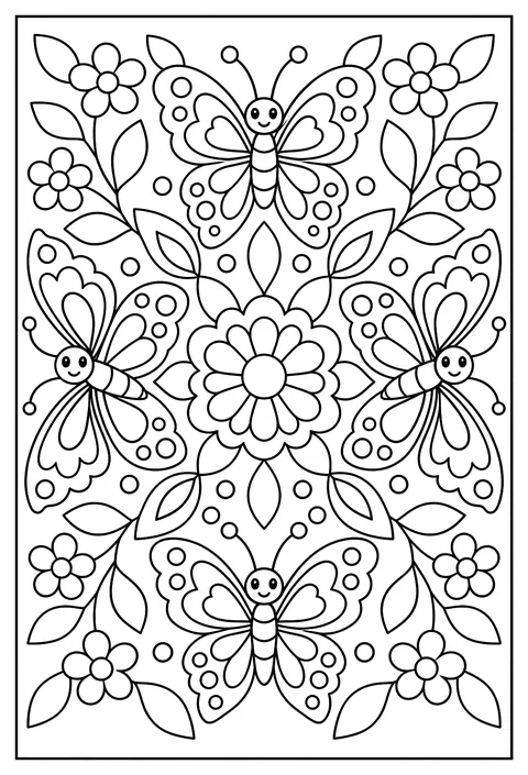 A mandala of butterflies with symmetrical wing patterns coloring page
