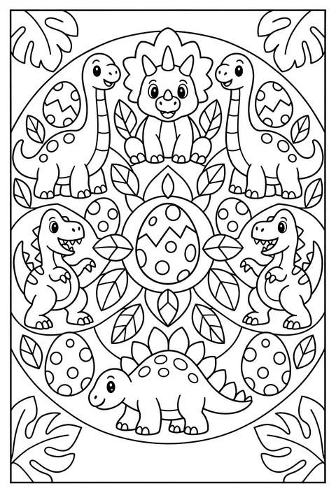 A mandala of dinosaurs and eggs coloring page