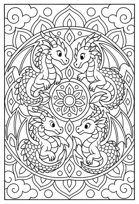 A mandala of dragons curled into a circle coloring page