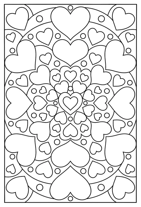 A mandala of hearts growing bigger toward the edge coloring page