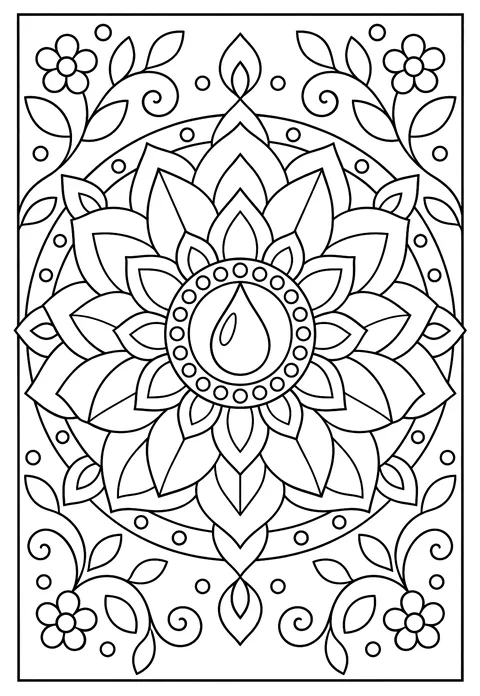 A mandala of lotus petals with a dewdrop center coloring page