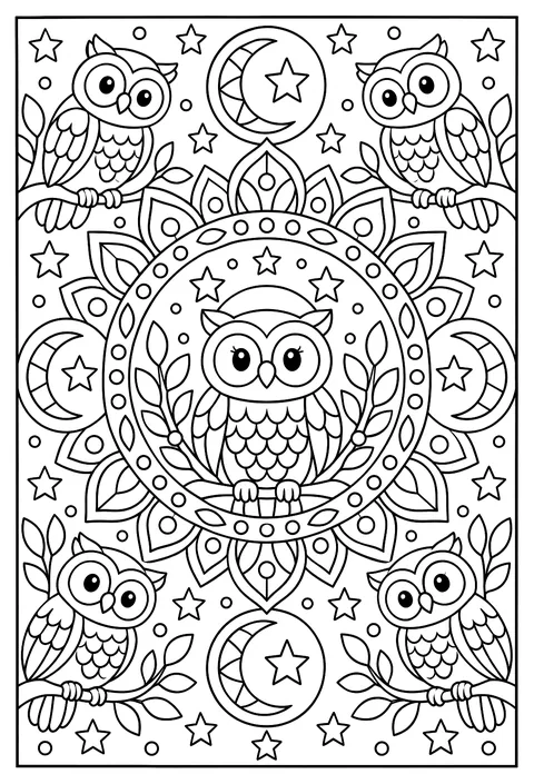A mandala of owls and moons for a night theme coloring page
