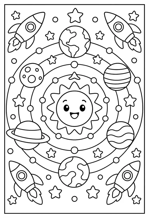 A space mandala: planets, rockets and stars in orbit rings coloring page