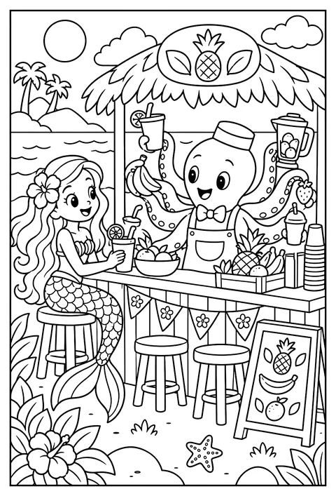 A mermaid and an octopus running a busy juice bar with eight arms coloring page