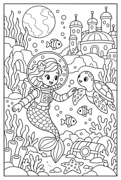 A mermaid astronaut in a water-filled helmet exploring an ocean planet coloring page