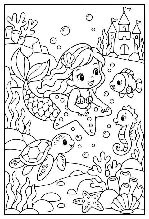 A baby mermaid learning to swim with a starfish floatie coloring page