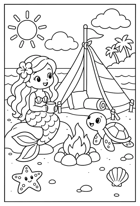 A mermaid camping on the beach with a tent made of a sail coloring page