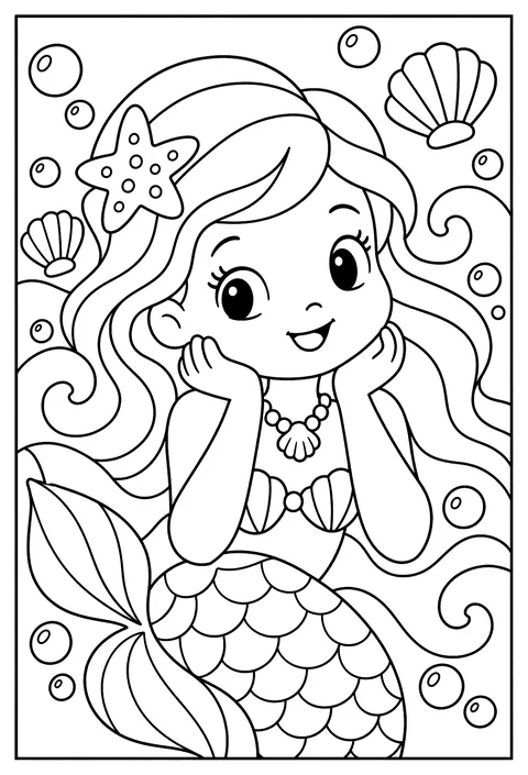 Close-up portrait of a mermaid whose hair flows into waves, shells and bubbles coloring page