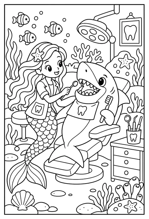 A mermaid dentist checking a shark's teeth, the shark holds a toothbrush coloring page