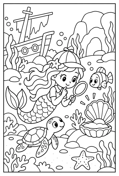 A mermaid detective solving the mystery of the missing pearl coloring page