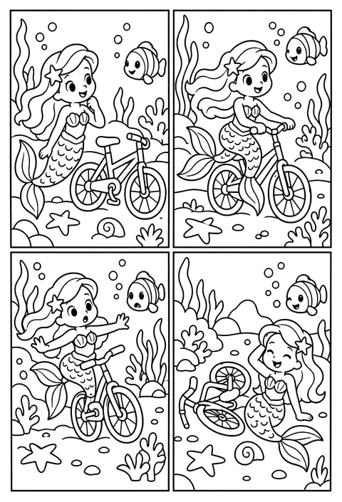 Four-panel comic: a mermaid tries to ride a bicycle underwater coloring page