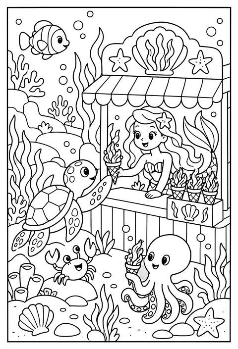 A mermaid ice-cream stand serving frozen seaweed cones coloring page