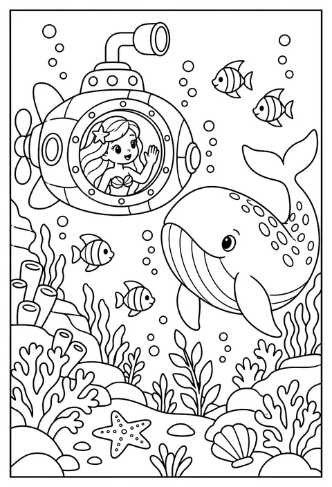 A mermaid in a submarine looking out at a whale coloring page