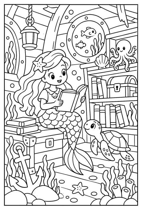 A mermaid librarian in a sunken ship full of books coloring page