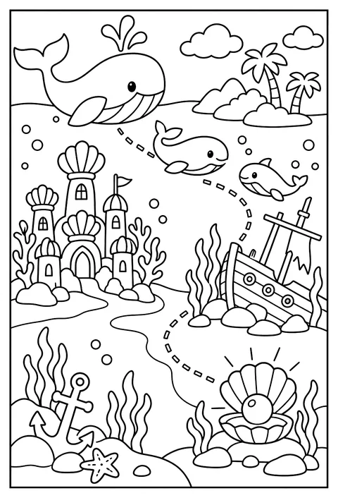 A map of Mermaid Bay with a coral city, a shipwreck, a whale highway and a hidden pearl coloring page