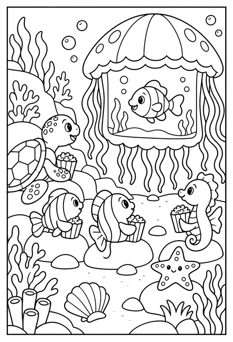 A mermaid movie night coloring page