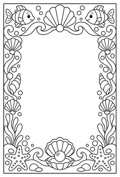 A page-border pattern of shells, waves, pearls and fish around an empty frame coloring page