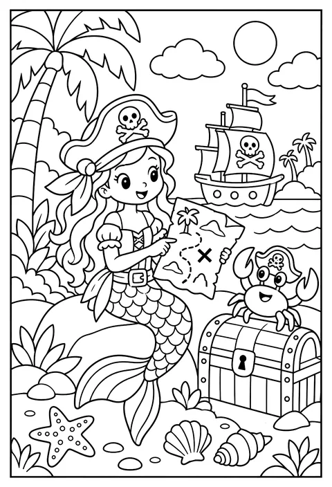 A mermaid pirate with a treasure map and a crab first mate coloring page