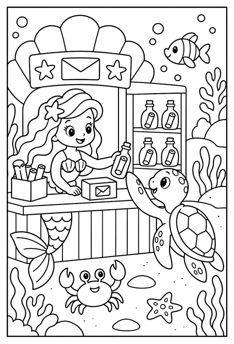 A mermaid running an underwater post office, sending messages in bottles coloring page