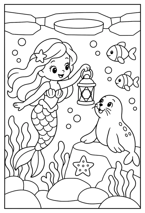 A mermaid winter scene under the ice with a seal and a lantern coloring page