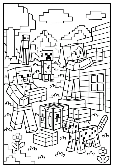 Alex building a house from wooden blocks with a crafting table nearby coloring page
