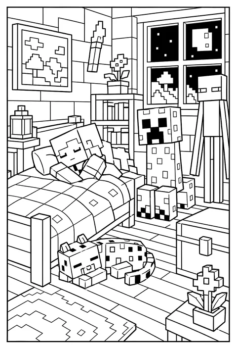 Alex sleeping in a bed inside a cozy cottage with the moon in the window coloring page