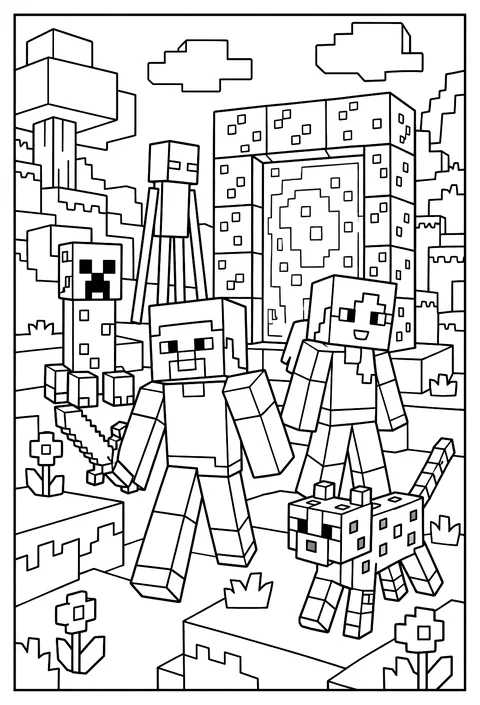 Alex standing before a glowing purple Nether portal in a stone frame coloring page