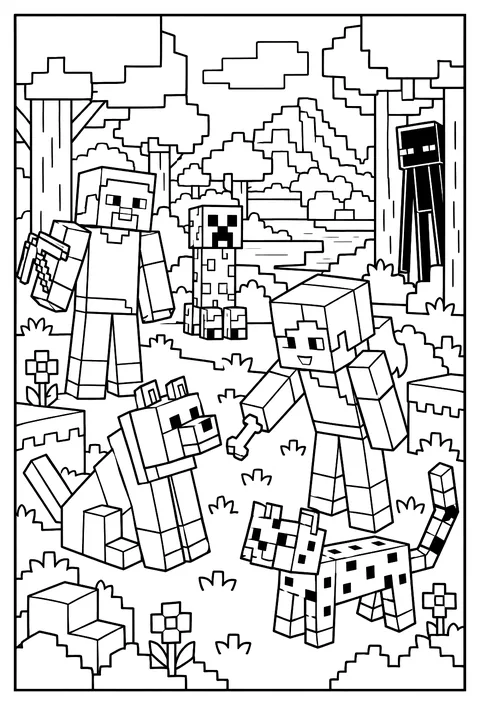 Alex taming a wolf with a bone at the edge of a forest coloring page