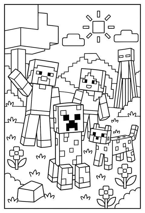 A cute Creeper standing in a sunny meadow among flowers coloring page
