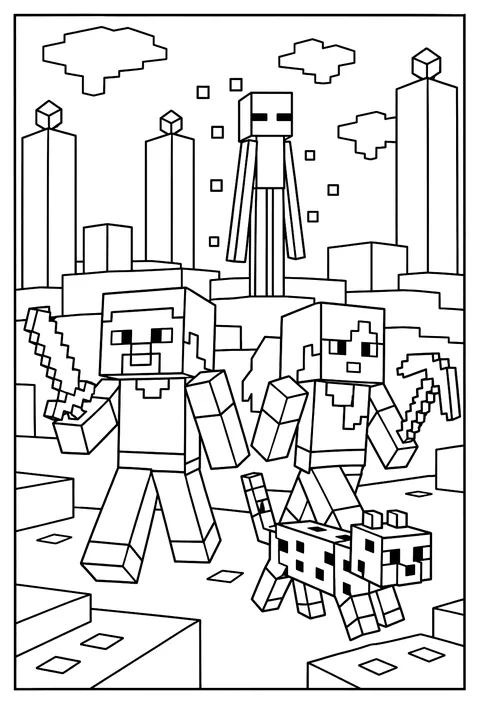 An Enderman standing quietly among purple pillars in the End coloring page