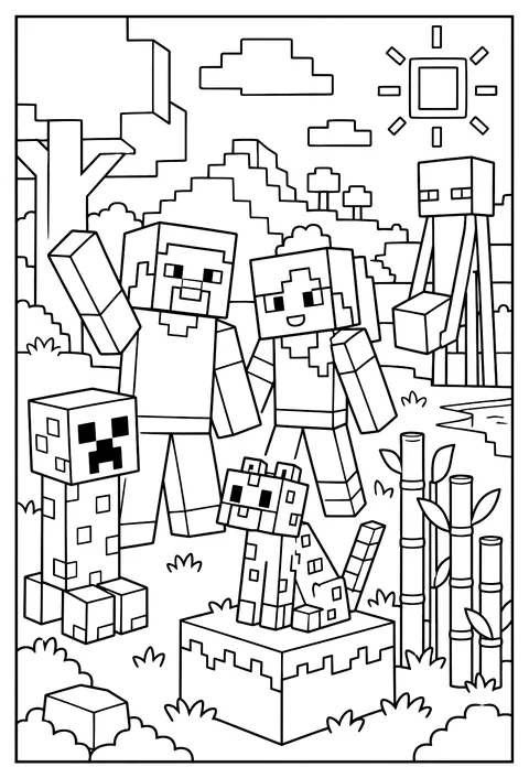 A friendly Ocelot sitting on a grass block next to a bamboo patch coloring page