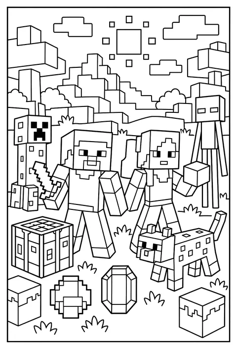 A pattern page of diamonds, emeralds, blocks and a crafting table icon coloring page