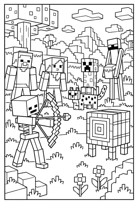 A skeleton aiming a bow at a straw target block for archery practice coloring page