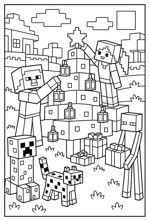Steve and Alex decorating a Christmas tree made of green blocks with glowing lanterns coloring page