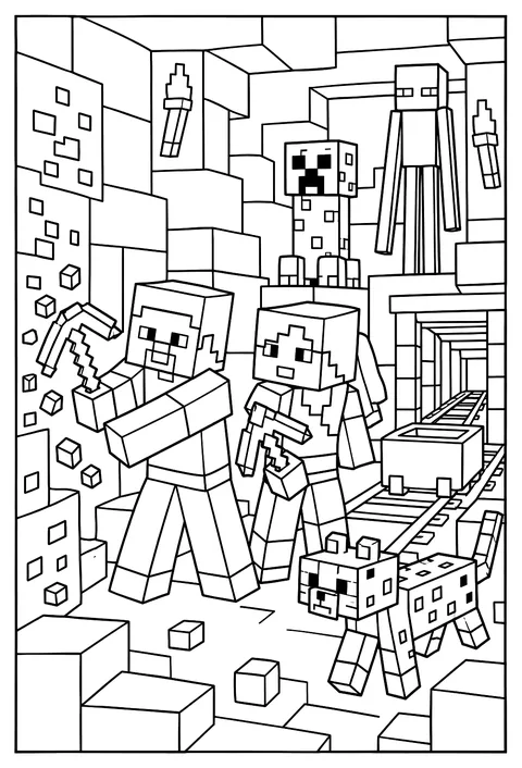 Steve and Alex mining together underground beside torches and rail tracks coloring page