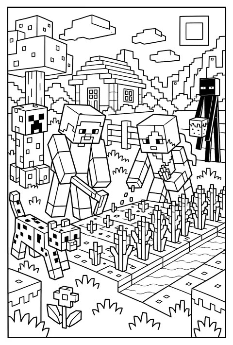 Steve and Alex planting a wheat farm with a wooden hoe beside a water source coloring page