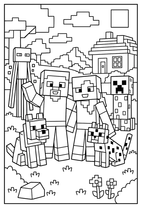Steve and Alex standing together with a tamed dog and a cat, a group pose coloring page