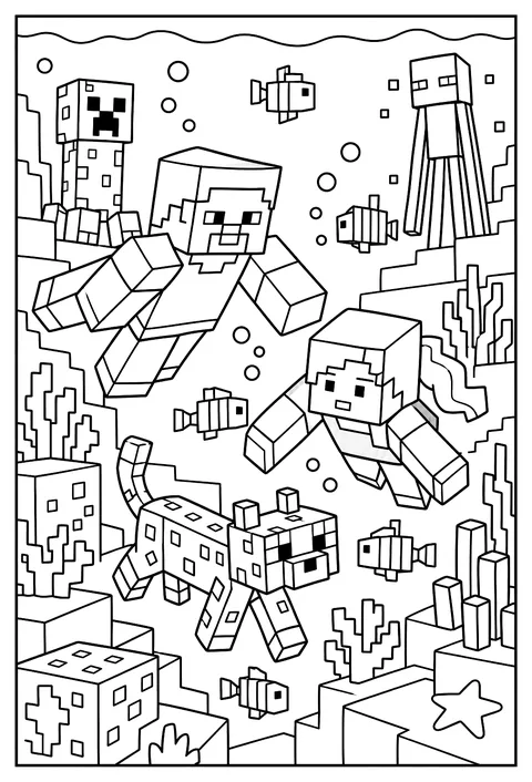 Steve and Alex swimming near a coral reef with colorful tropical fish coloring page