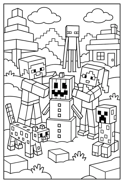 Steve building a snow golem out of snow blocks with a pumpkin head coloring page