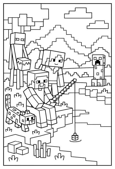 Steve fishing with a fishing rod at the edge of a calm lake coloring page