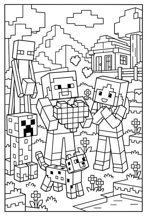 Steve holding a heart-shaped arrangement of red blocks for Valentine's Day coloring page