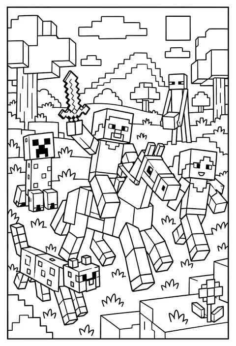 Steve riding a horse across a grassy plain dotted with oak trees coloring page